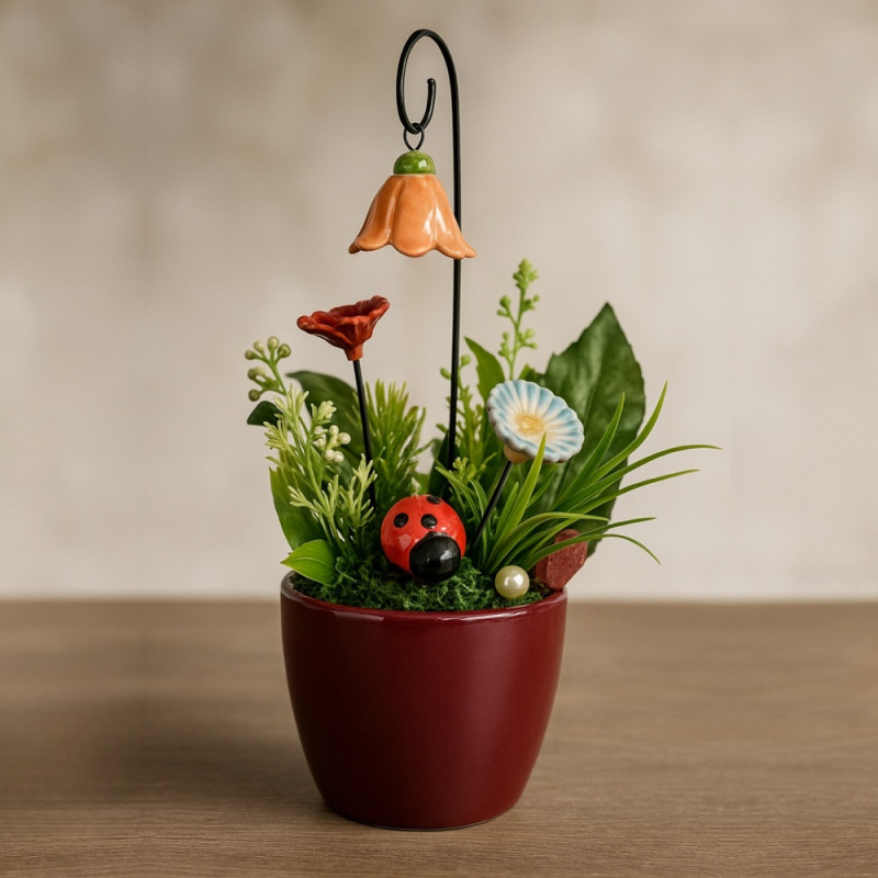 "Katicás Tündérkert" kerámia virág asztaldísz harangvirággal * díszítőelemekkel, műzölddel, mohával, * kaspóban: 7 cm x 9 cm