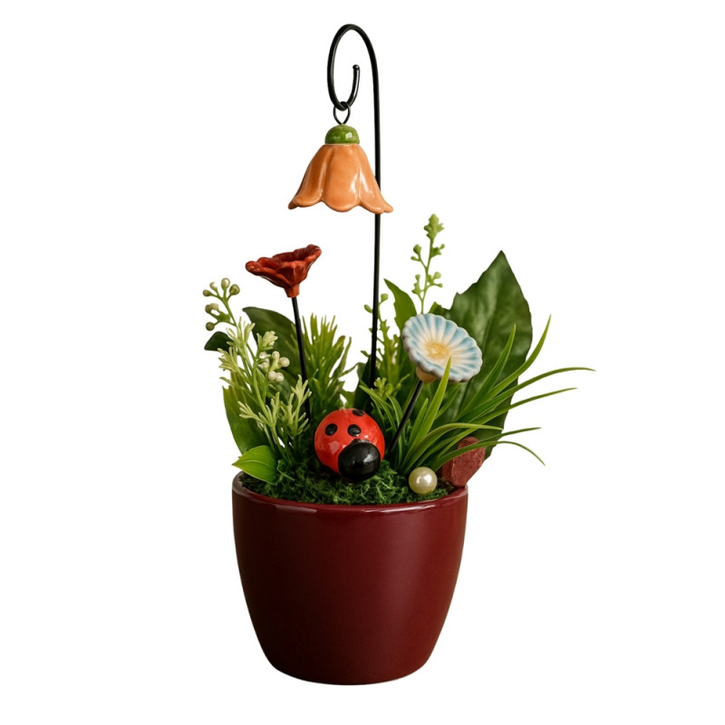 "Katicás Tündérkert" kerámia virág asztaldísz harangvirággal * díszítőelemekkel, műzölddel, mohával, * kaspóban: 7 cm x 9 cm