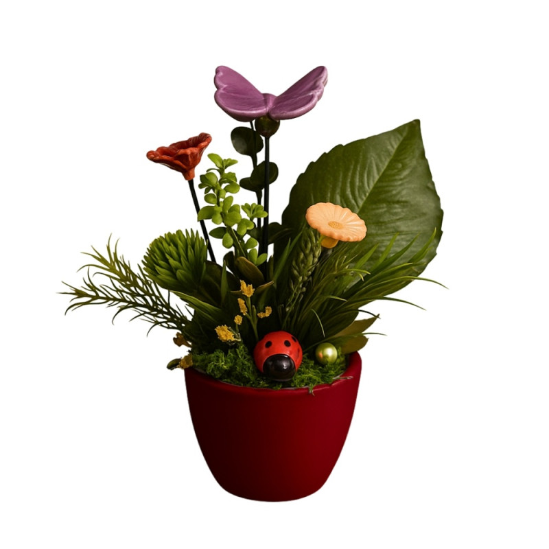 "Katicás Tündérkert" kerámia virág asztaldísz pillangóval * díszítőelemekkel, műzölddel, mohával, * kaspóban: 7 cm x 9 cm