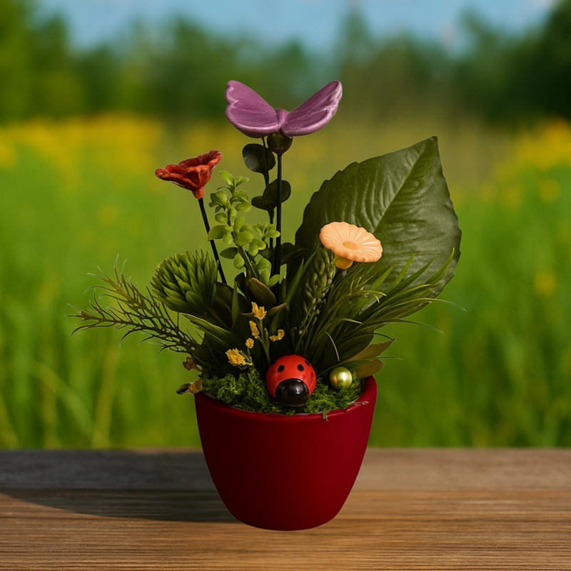 "Katicás Tündérkert" kerámia virág asztaldísz pillangóval * díszítőelemekkel, műzölddel, mohával, * kaspóban: 6 cm x 7 cm