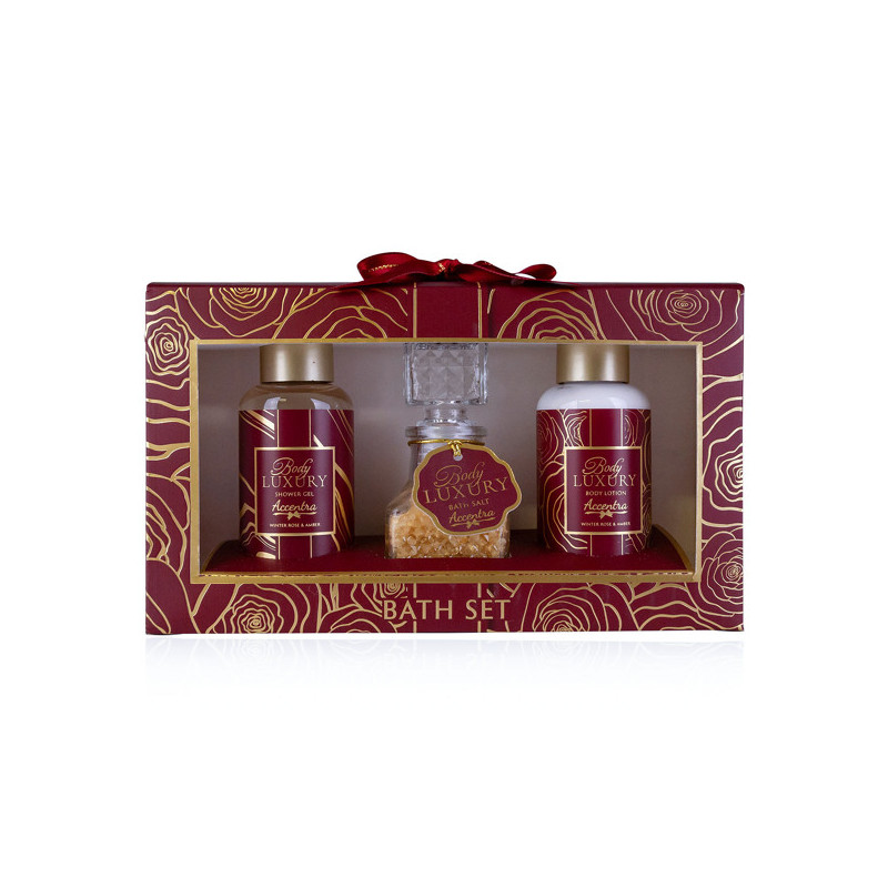 Kozmetikai ajándékcsomag * BODY LUXURY * díszdobozban fürdőszett, 3 db-os téli rózsa és ámbra * borostyán illattal