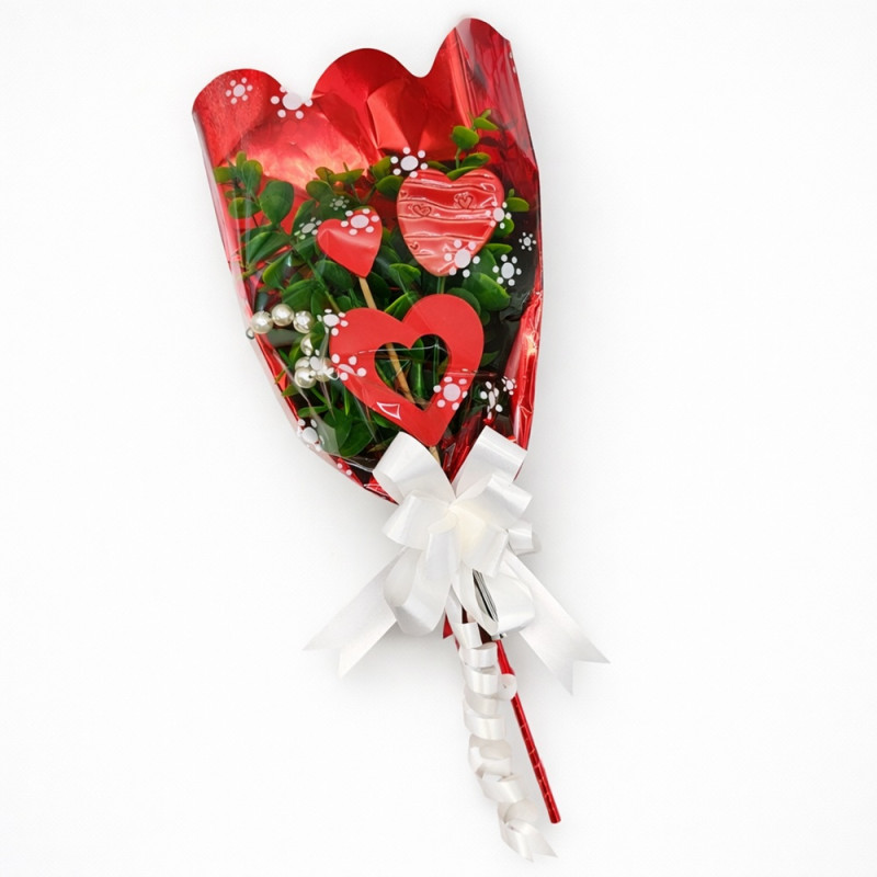 "SZÍVECSKÉK" kézzel készült virágcsokor * fa és kerámia szívekkel, díszcsomagolásban