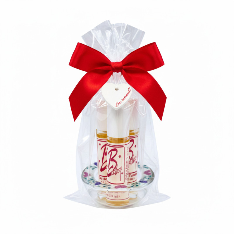 ”HARMÓNIA” kézzel festett üveg gyertya- és mécsestartó + 3db parfüm deo-roll