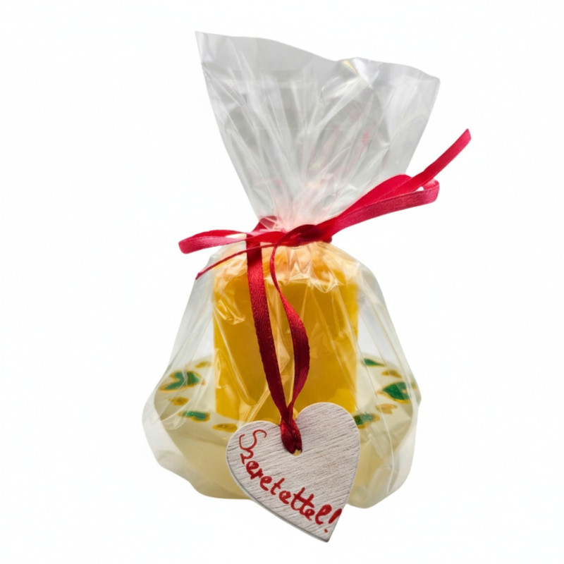 ”HARMÓNIA” kézzel festett üveg gyertya- és mécsestartó + illatos hengergyertya, díszcsomagolásban