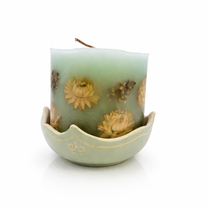 Szárított virágos, illatos henger gyertya + Cikk-Cakk kézműves kerámia tálka, díszcsomagolásban